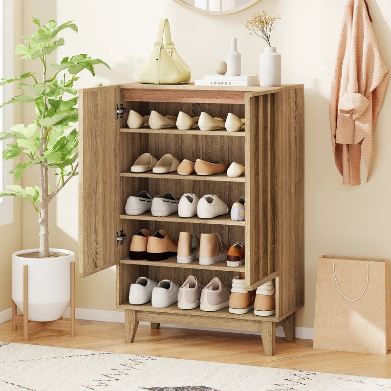 6-Tier Shoe Storage Organizer with 2 Fluted Doors, Oak