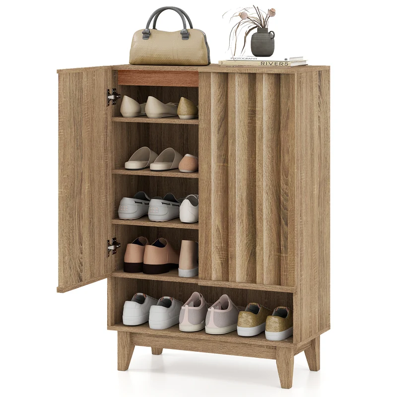 6-Tier Shoe Storage Organizer with 2 Fluted Doors, Oak