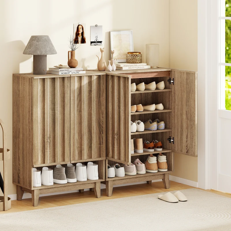 6-Tier Shoe Storage Organizer with 2 Fluted Doors, Oak