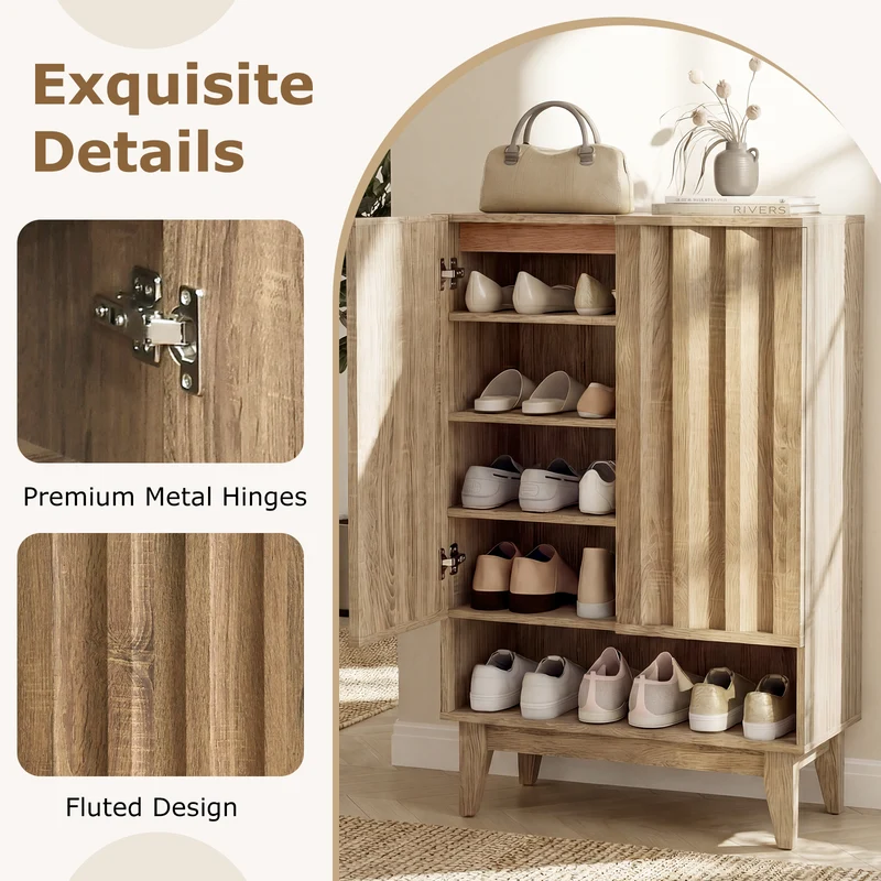 6-Tier Shoe Storage Organizer with 2 Fluted Doors, Oak