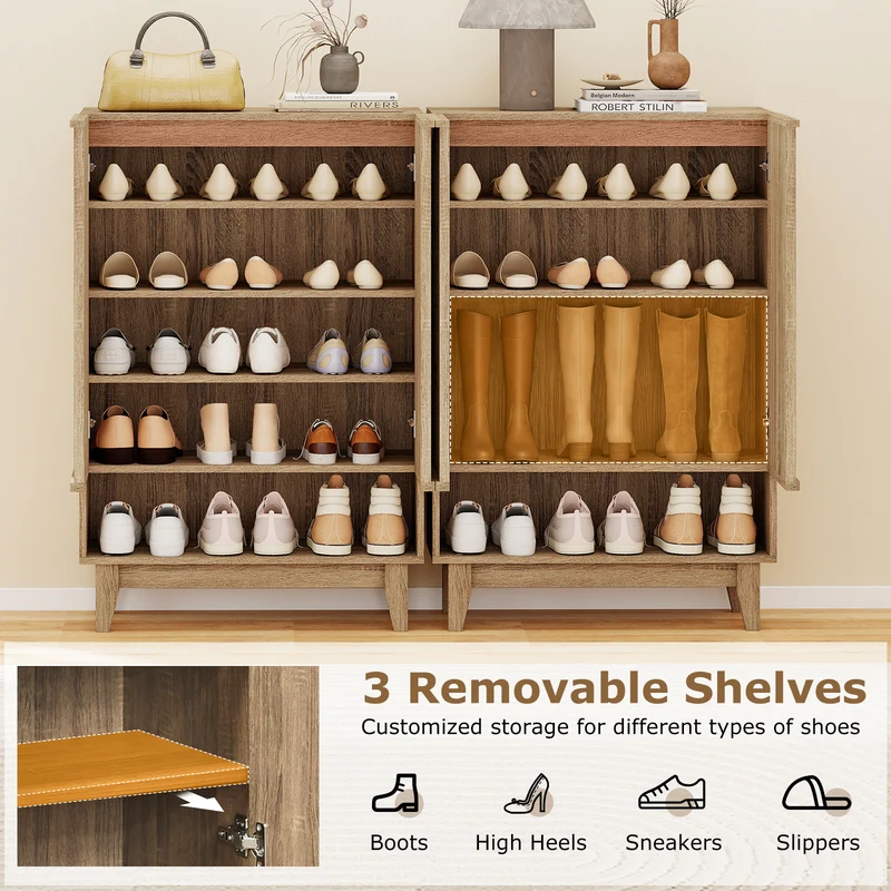 6-Tier Shoe Storage Organizer with 2 Fluted Doors, Oak