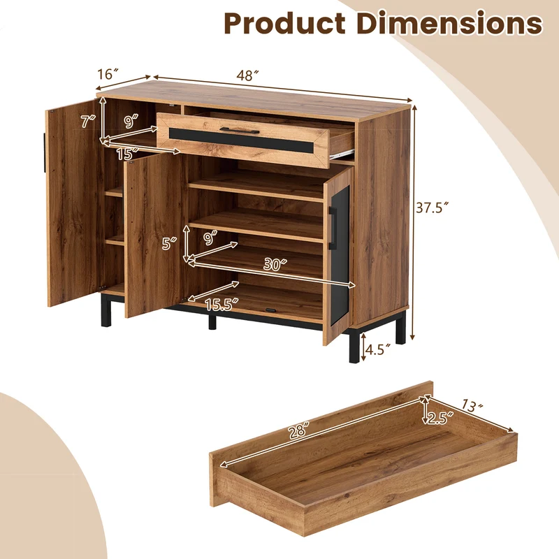 48 Inch Sideboard Buffet Cabinet with Drawer and Metal Legs, Natural