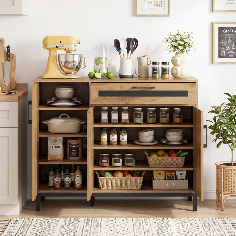 48 Inch Sideboard Buffet Cabinet with Drawer and Metal Legs, Natural