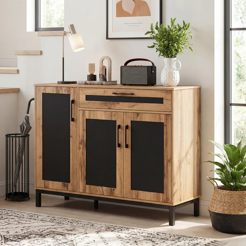 48 Inch Sideboard Buffet Cabinet with Drawer and Metal Legs, Natural