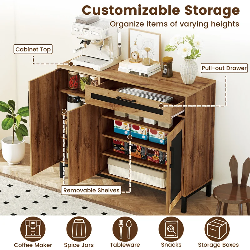 48 Inch Sideboard Buffet Cabinet with Drawer and Metal Legs, Natural