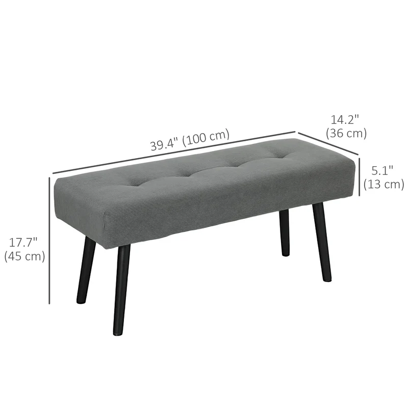 39" Upholstered Ottoman Bench, Corduroy, Padded Seat, Steel Legs, Grey