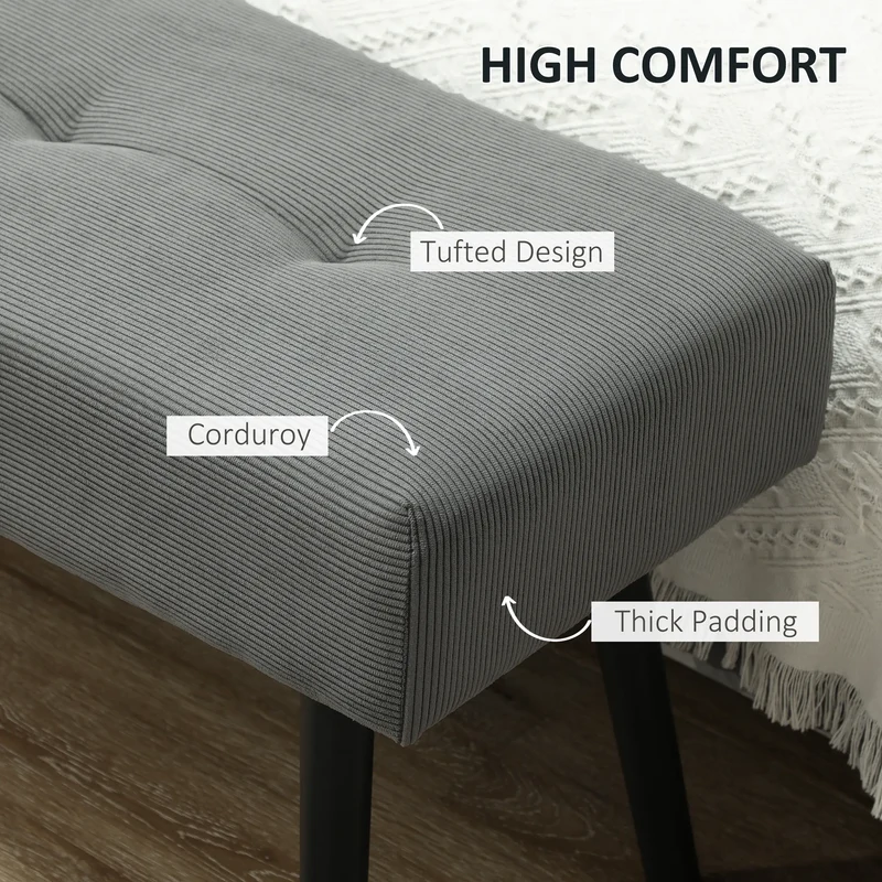 39" Upholstered Ottoman Bench, Corduroy, Padded Seat, Steel Legs, Grey