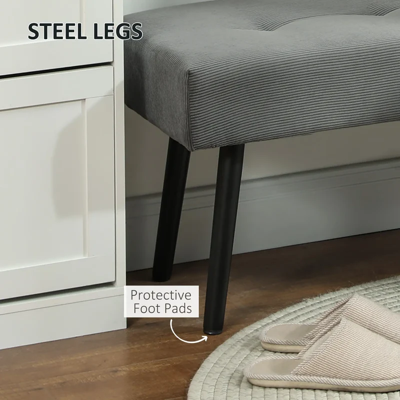 39" Upholstered Ottoman Bench, Corduroy, Padded Seat, Steel Legs, Grey