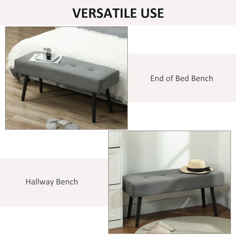 39" Upholstered Ottoman Bench, Corduroy, Padded Seat, Steel Legs, Grey