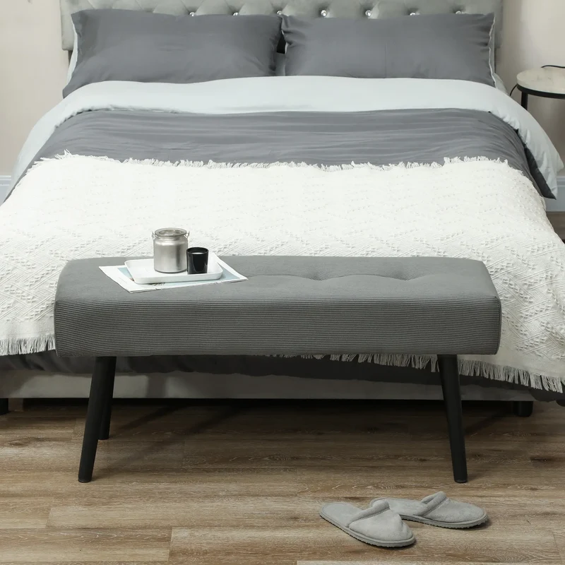39" Upholstered Ottoman Bench, Corduroy, Padded Seat, Steel Legs, Grey
