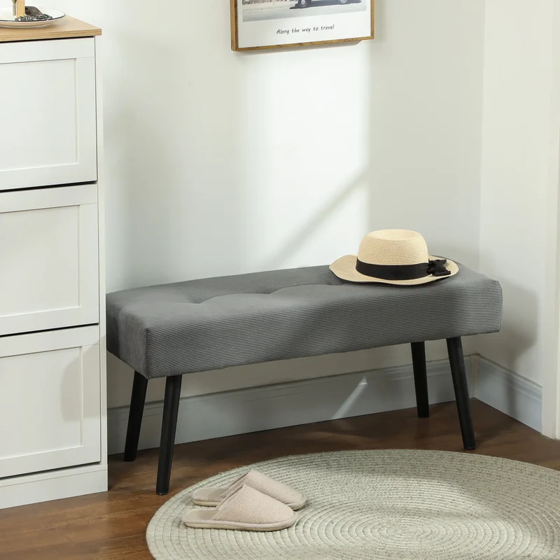 39" Upholstered Ottoman Bench, Corduroy, Padded Seat, Steel Legs, Grey