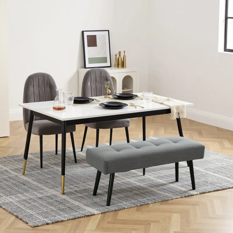 39" Upholstered Ottoman Bench, Corduroy, Padded Seat, Steel Legs, Grey