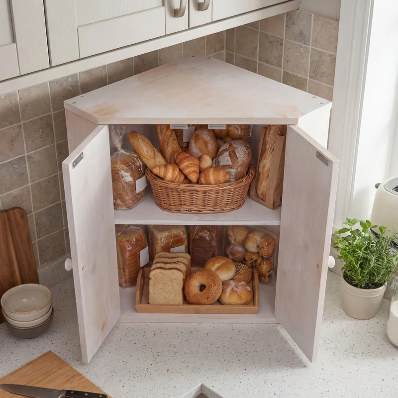 Corner Bread Box for Kitchen Counter Bamboo Double Layer Breadbox Organizer, White