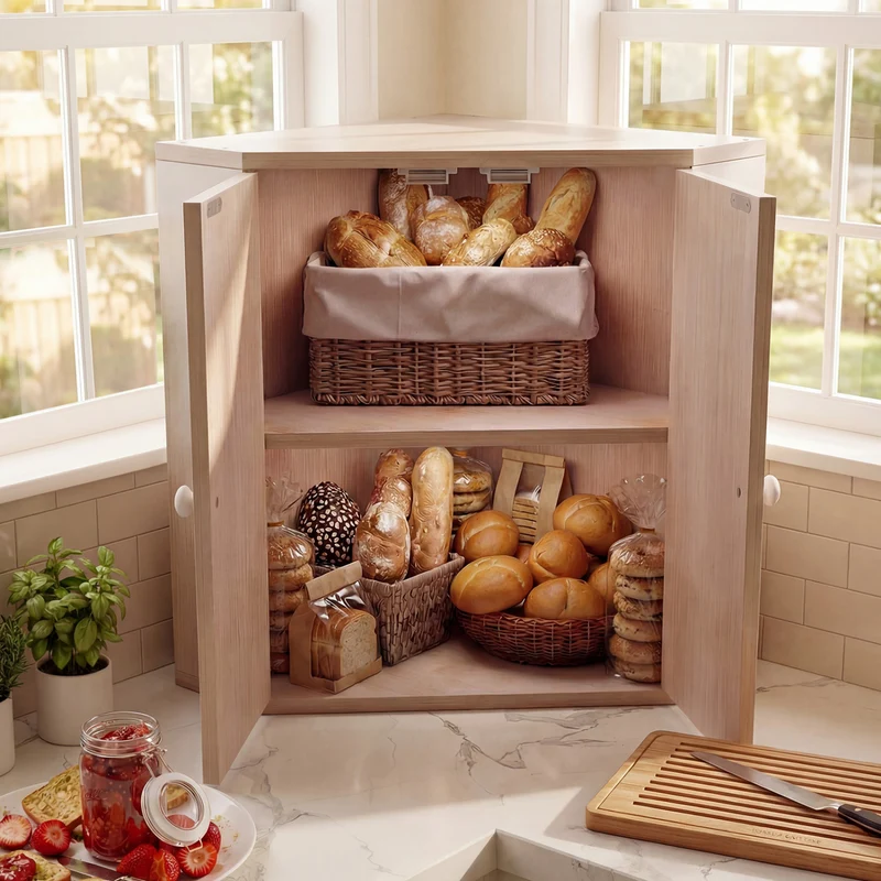 Corner Bread Box for Kitchen Counter Bamboo Double Layer Breadbox Organizer, White