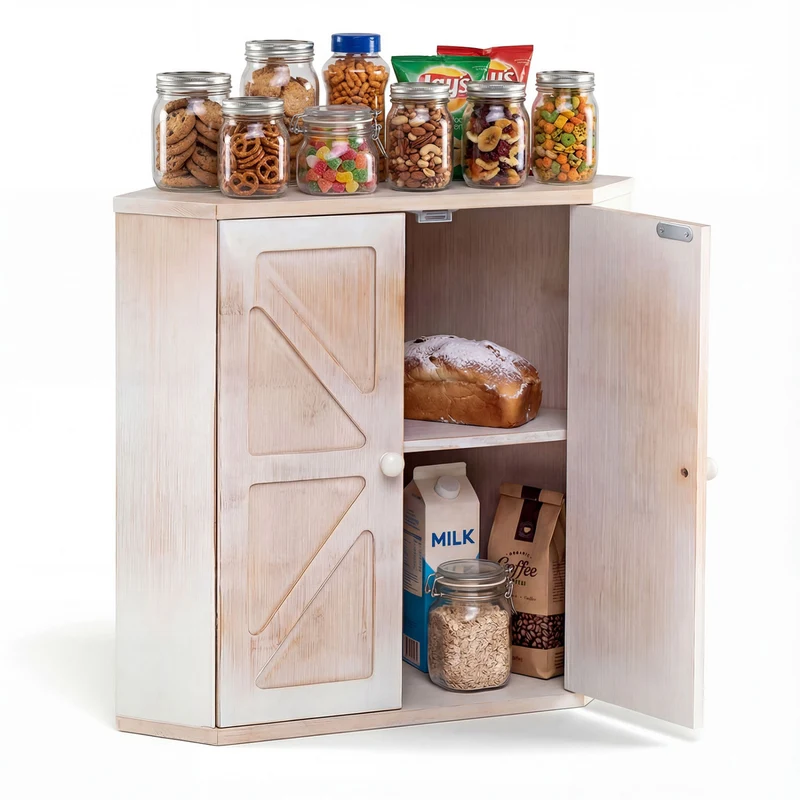 Corner Bread Box for Kitchen Counter Bamboo Double Layer Breadbox Organizer, White
