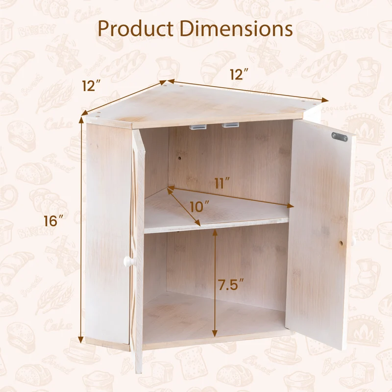 Corner Bread Box for Kitchen Counter Bamboo Double Layer Breadbox Organizer, White