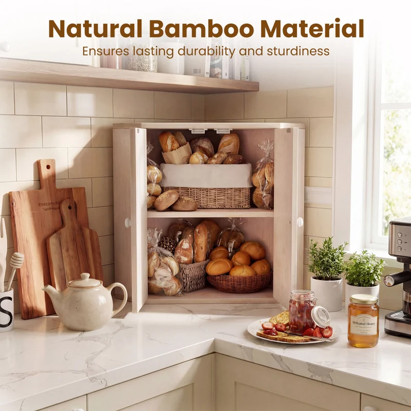 Corner Bread Box for Kitchen Counter Bamboo Double Layer Breadbox Organizer, White