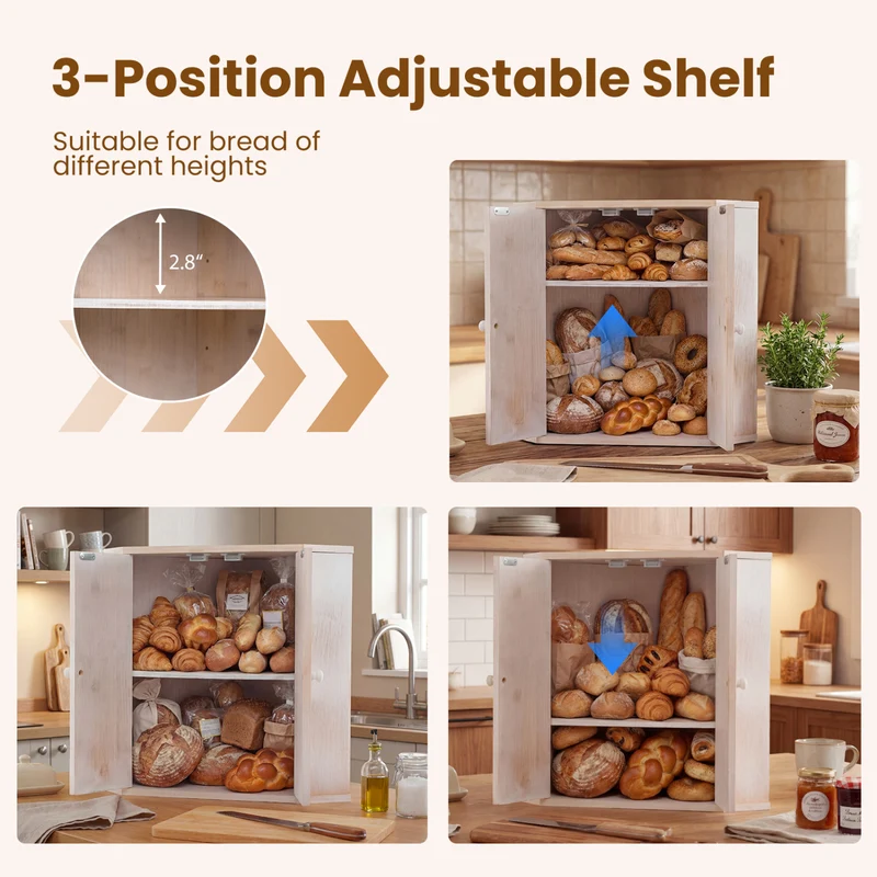 Corner Bread Box for Kitchen Counter Bamboo Double Layer Breadbox Organizer, White