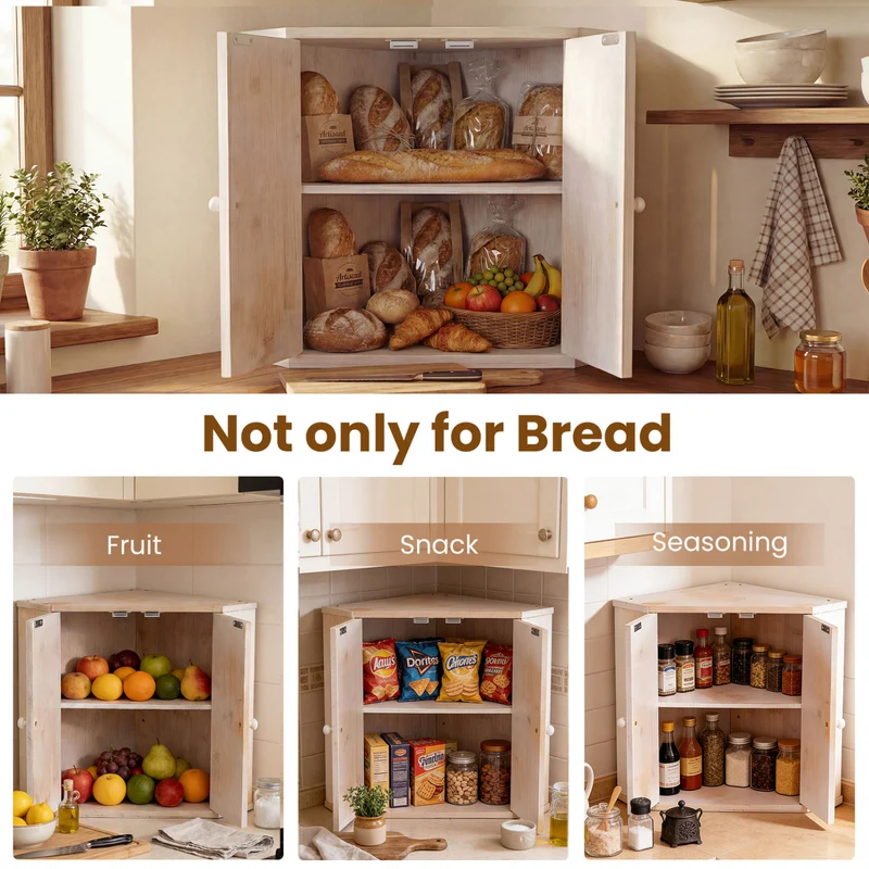 Corner Bread Box for Kitchen Counter Bamboo Double Layer Breadbox Organizer, White