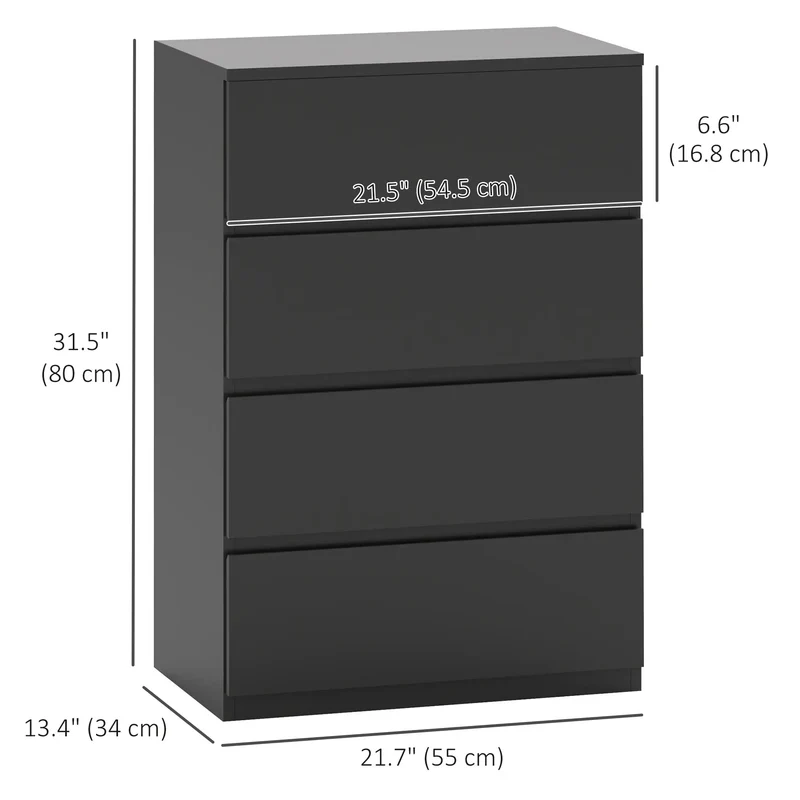 4 Drawer Chest, Freestanding Storage Unit, Black