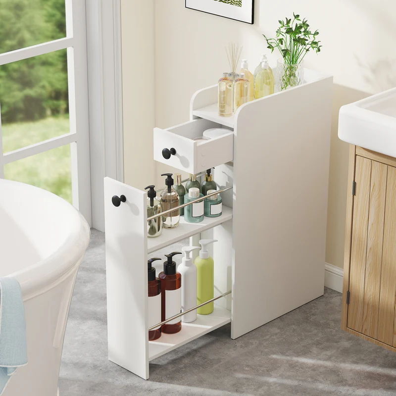 Small Bathroom Storage Cabinet 4-Tier Narrow Toilet Side Storage Cabinet with Slide Out Drawers on Casters, White