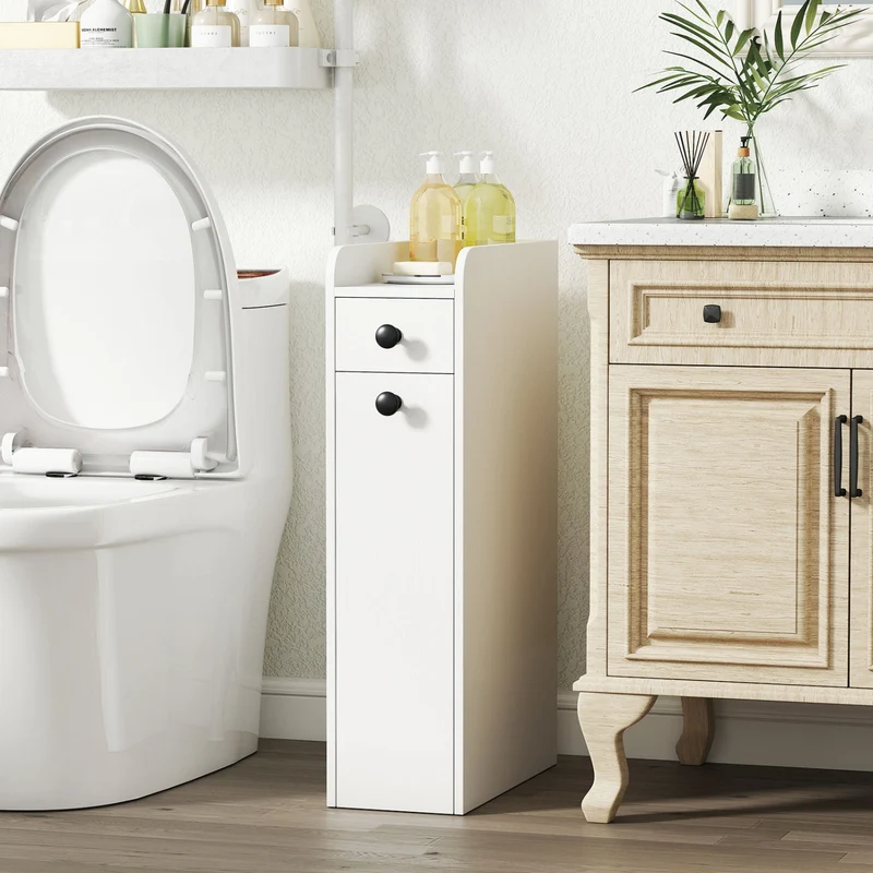 Small Bathroom Storage Cabinet 4-Tier Narrow Toilet Side Storage Cabinet with Slide Out Drawers on Casters, White