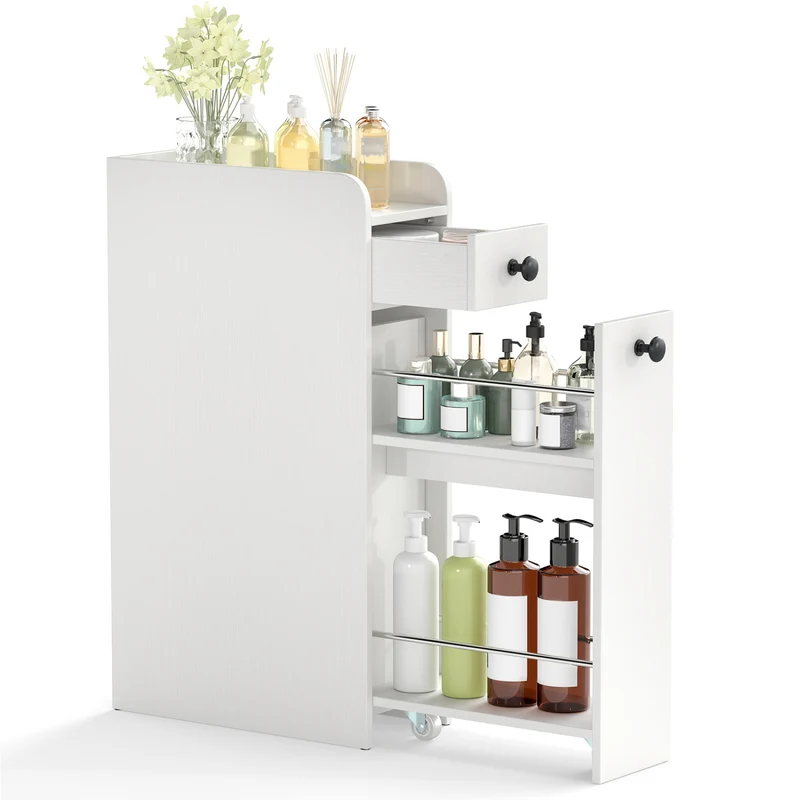 Small Bathroom Storage Cabinet 4-Tier Narrow Toilet Side Storage Cabinet with Slide Out Drawers on Casters, White