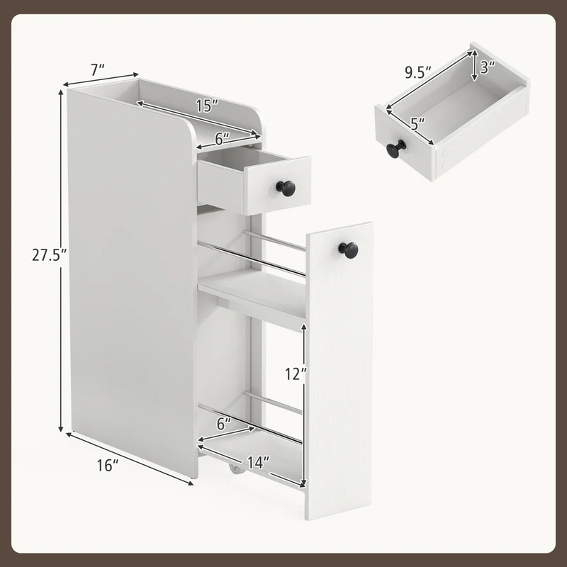Small Bathroom Storage Cabinet 4-Tier Narrow Toilet Side Storage Cabinet with Slide Out Drawers on Casters, White