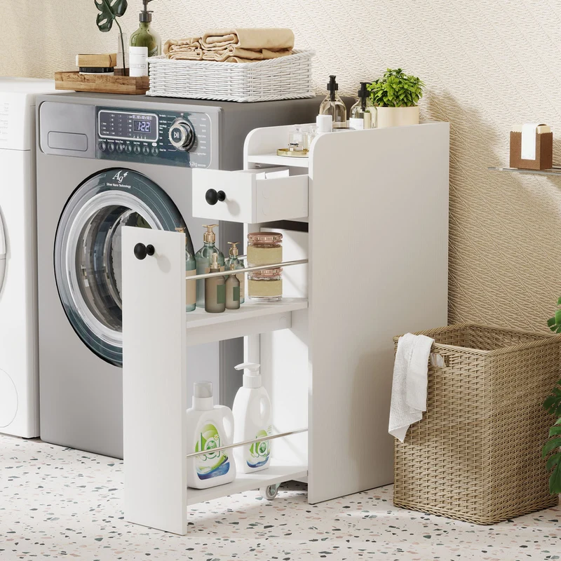 Small Bathroom Storage Cabinet 4-Tier Narrow Toilet Side Storage Cabinet with Slide Out Drawers on Casters, White