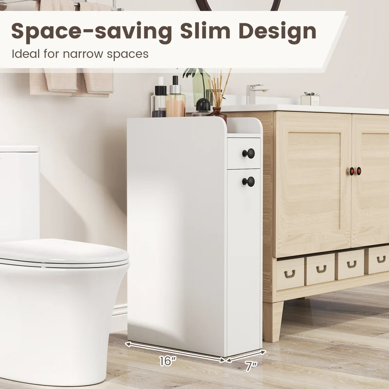 Small Bathroom Storage Cabinet 4-Tier Narrow Toilet Side Storage Cabinet with Slide Out Drawers on Casters, White
