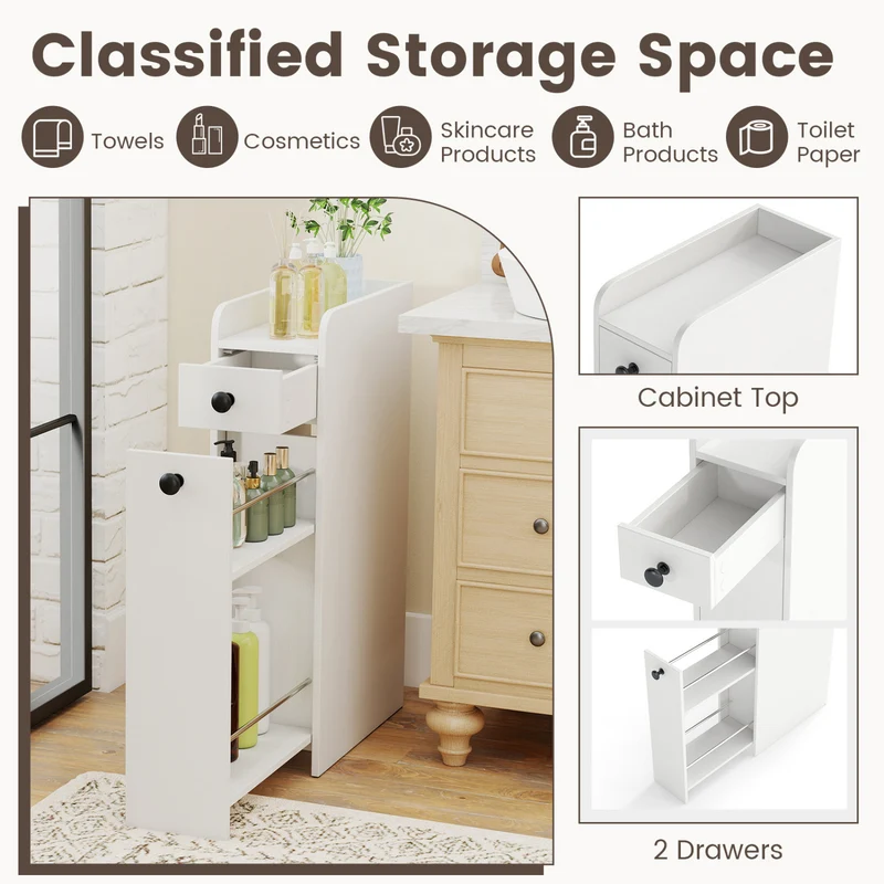 Small Bathroom Storage Cabinet 4-Tier Narrow Toilet Side Storage Cabinet with Slide Out Drawers on Casters, White