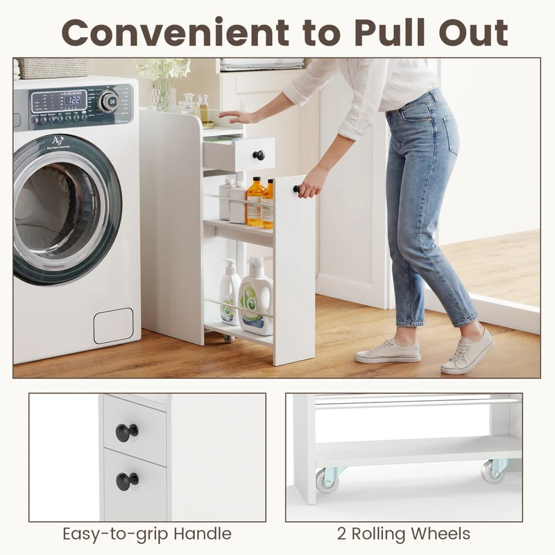 Small Bathroom Storage Cabinet 4-Tier Narrow Toilet Side Storage Cabinet with Slide Out Drawers on Casters, White