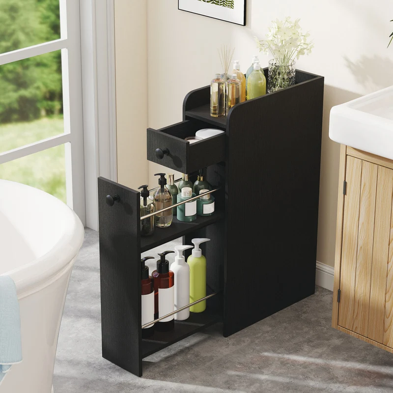 Small Bathroom Storage Cabinet 4-Tier Narrow Toilet Side Storage Cabinet with Slide Out Drawers on Casters, Black