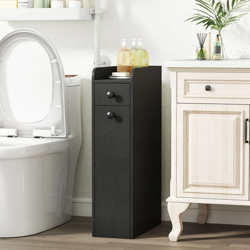 Small Bathroom Storage Cabinet 4-Tier Narrow Toilet Side Storage Cabinet with Slide Out Drawers on Casters, Black