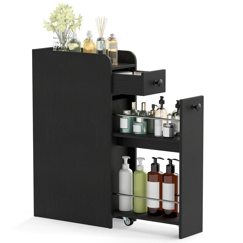 Small Bathroom Storage Cabinet 4-Tier Narrow Toilet Side Storage Cabinet with Slide Out Drawers on Casters, Black