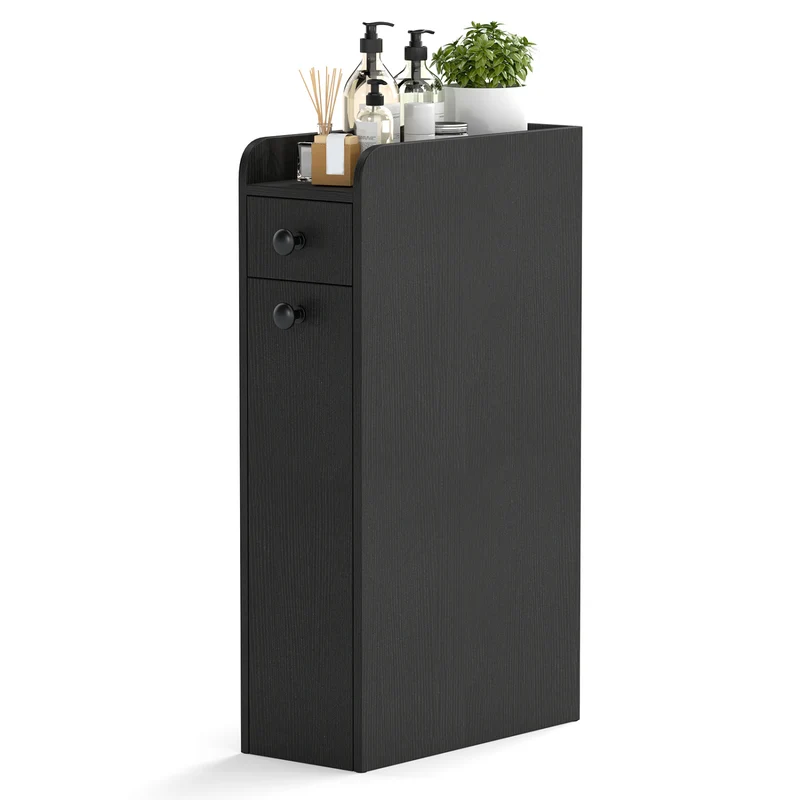 Small Bathroom Storage Cabinet 4-Tier Narrow Toilet Side Storage Cabinet with Slide Out Drawers on Casters, Black