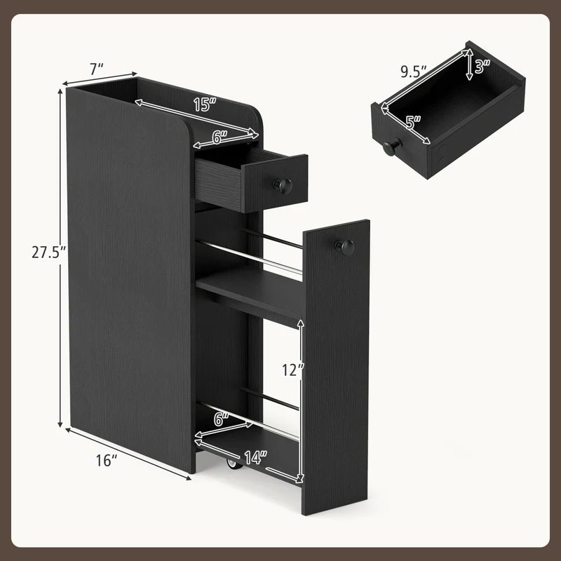 Small Bathroom Storage Cabinet 4-Tier Narrow Toilet Side Storage Cabinet with Slide Out Drawers on Casters, Black