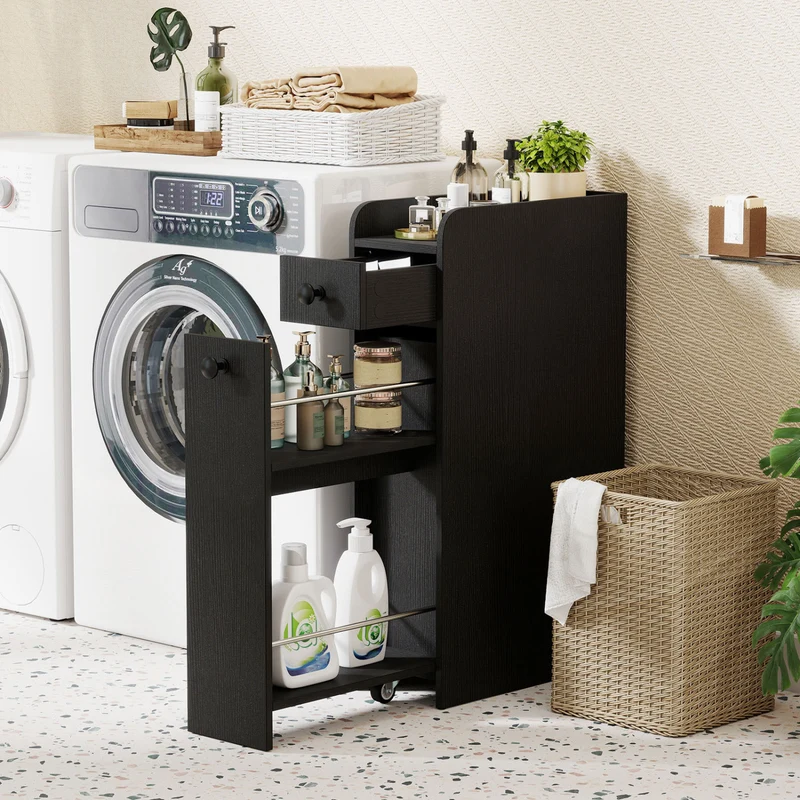 Small Bathroom Storage Cabinet 4-Tier Narrow Toilet Side Storage Cabinet with Slide Out Drawers on Casters, Black