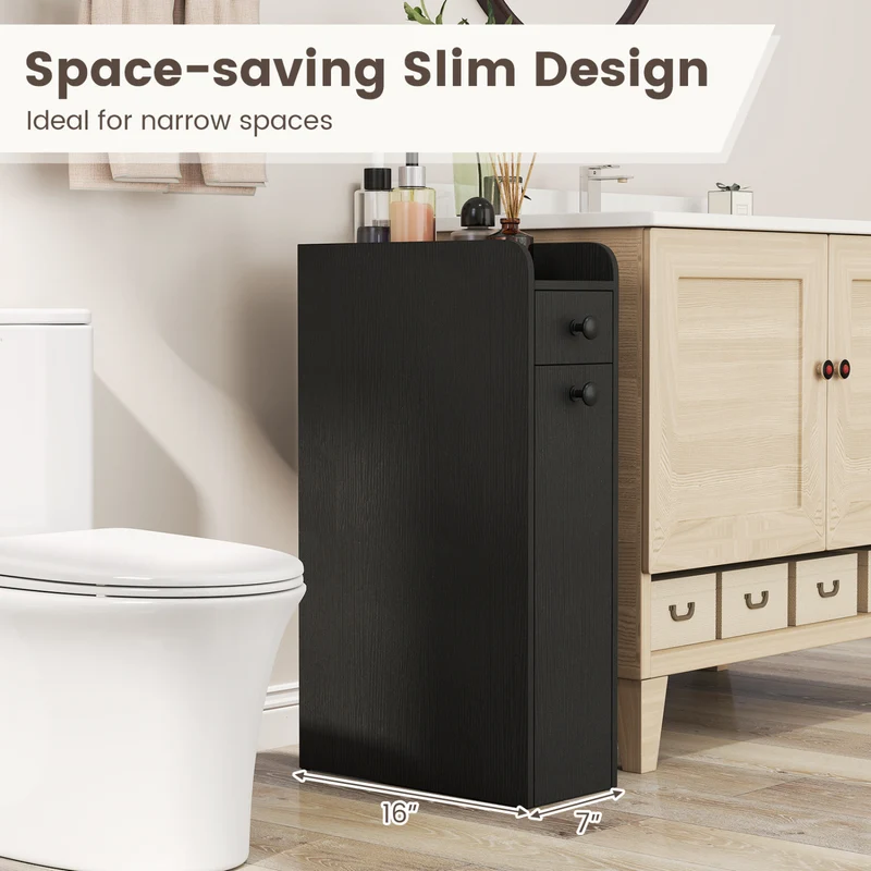 Small Bathroom Storage Cabinet 4-Tier Narrow Toilet Side Storage Cabinet with Slide Out Drawers on Casters, Black
