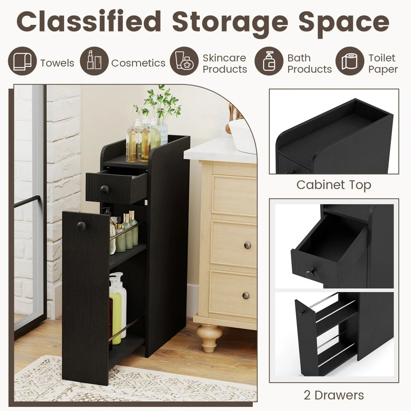 Small Bathroom Storage Cabinet 4-Tier Narrow Toilet Side Storage Cabinet with Slide Out Drawers on Casters, Black
