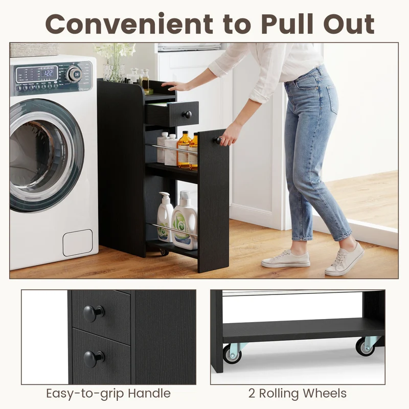 Small Bathroom Storage Cabinet 4-Tier Narrow Toilet Side Storage Cabinet with Slide Out Drawers on Casters, Black