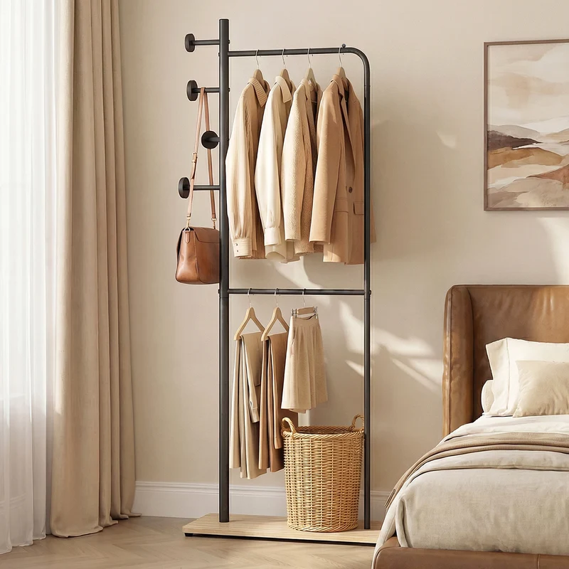 Double Rods Clothes Hanging Rack with Rubber Wood Hooks