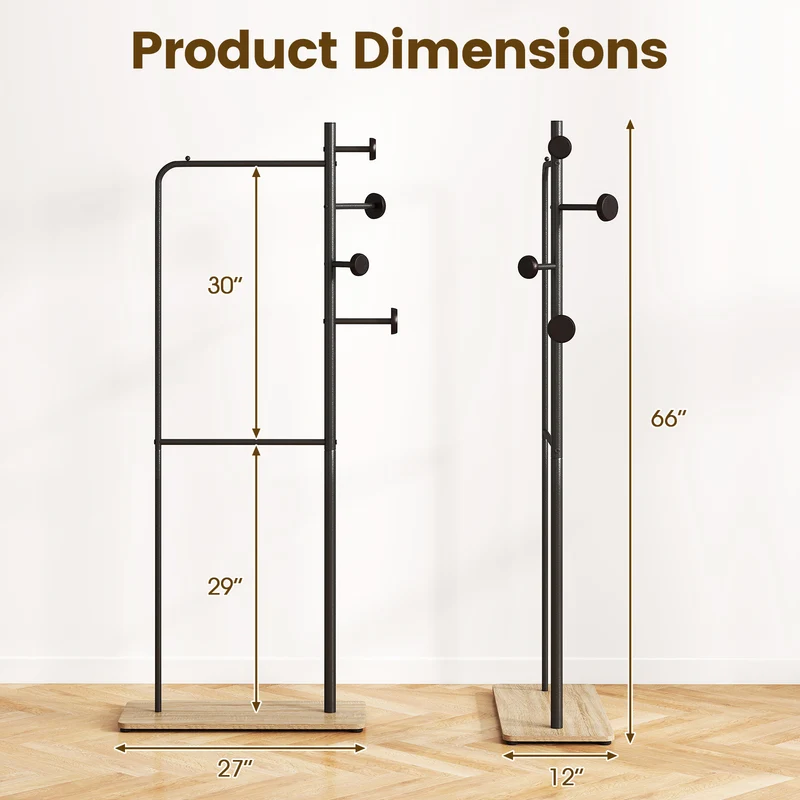 Double Rods Clothes Hanging Rack with Rubber Wood Hooks