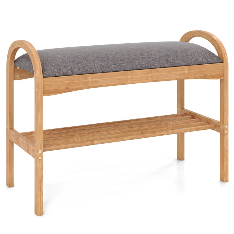 2-Tier Bamboo Shoe Bench with Padded Cushion and Shelf, Gray