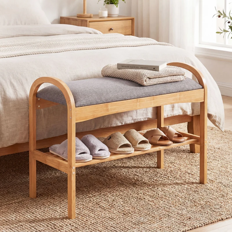 2-Tier Bamboo Shoe Bench with Padded Cushion and Shelf, Gray