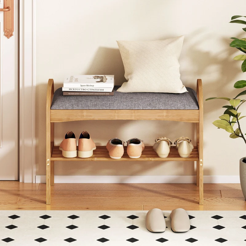 2-Tier Bamboo Shoe Bench with Padded Cushion and Shelf, Gray