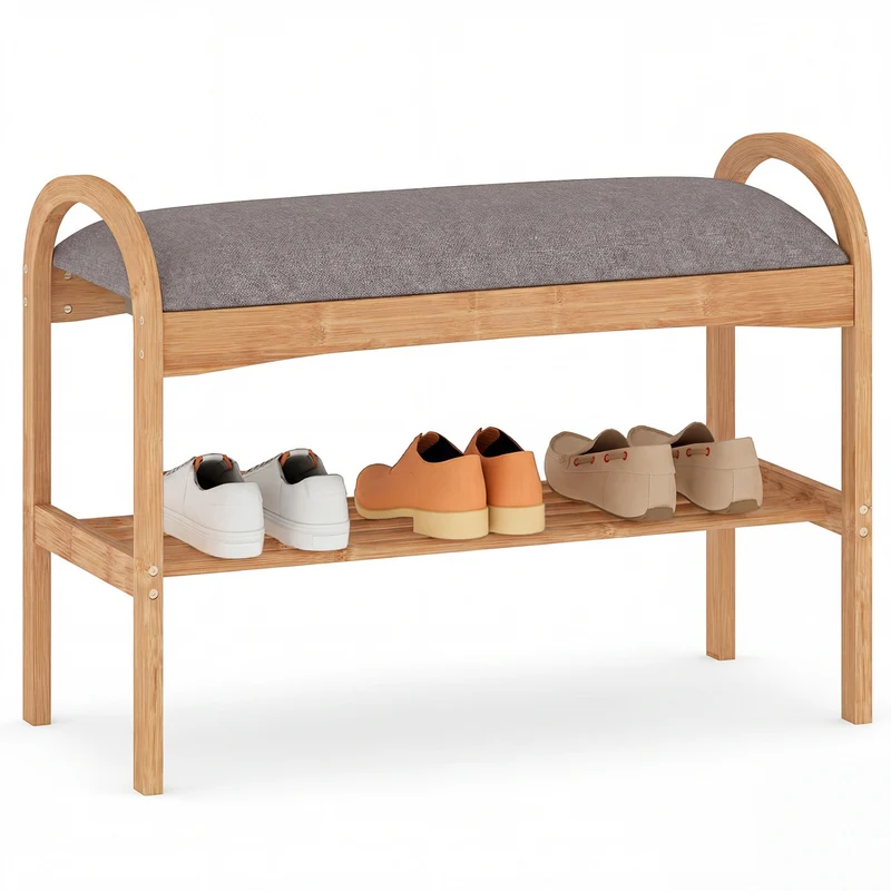 2-Tier Bamboo Shoe Bench with Padded Cushion and Shelf, Gray
