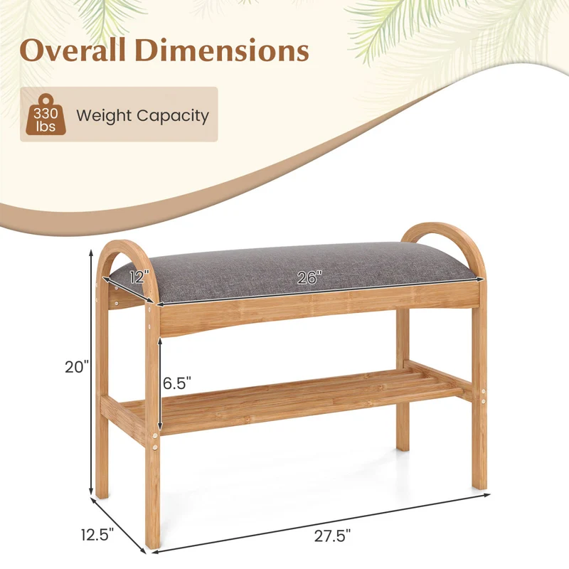 2-Tier Bamboo Shoe Bench with Padded Cushion and Shelf, Gray