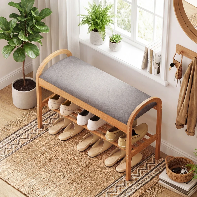 2-Tier Bamboo Shoe Bench with Padded Cushion and Shelf, Gray