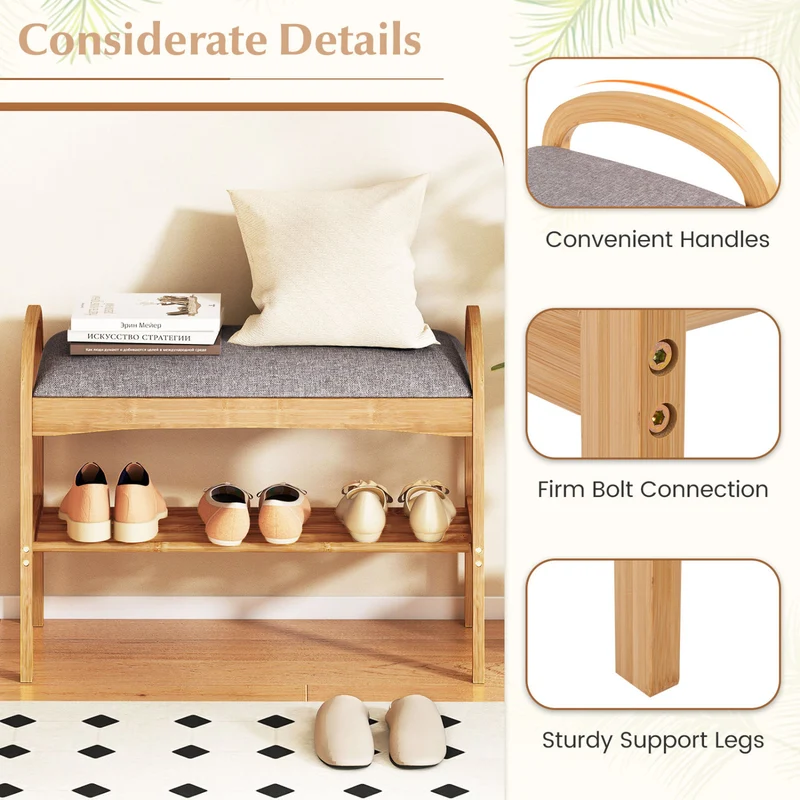 2-Tier Bamboo Shoe Bench with Padded Cushion and Shelf, Gray